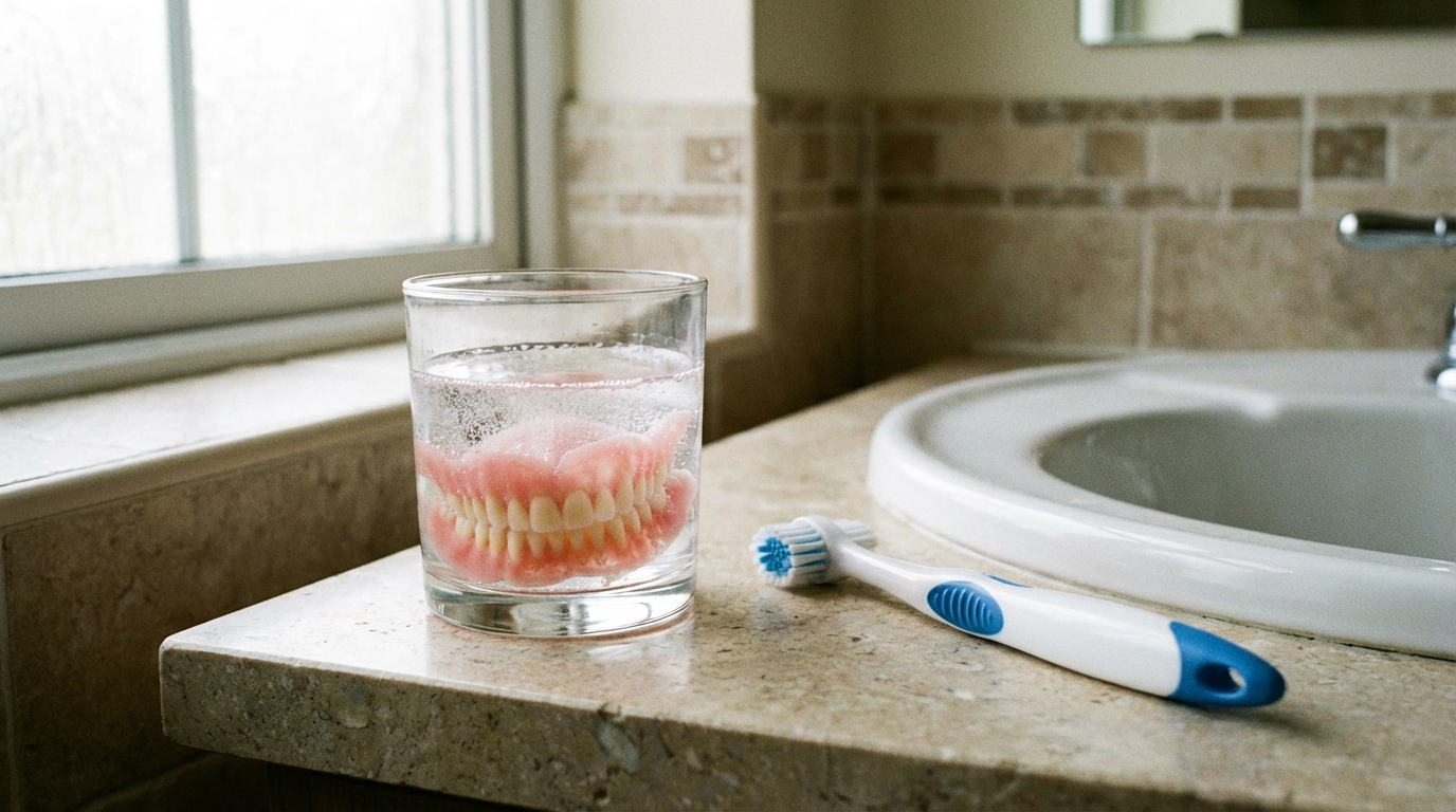 A clean set of dentures soaking in a glass next to a denture brush on a bathroom counter