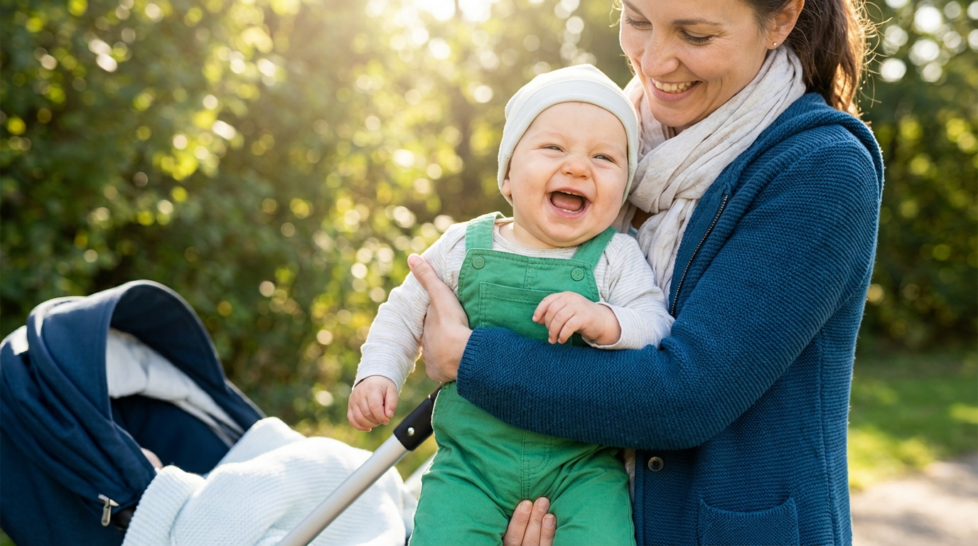 Baby laughing outdoors