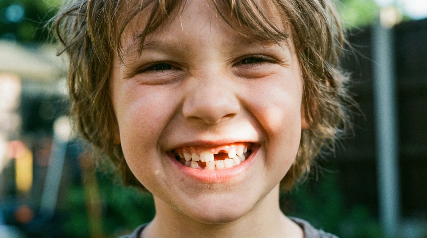 A child's smile showing a mix of baby teeth and a gap where one fell out