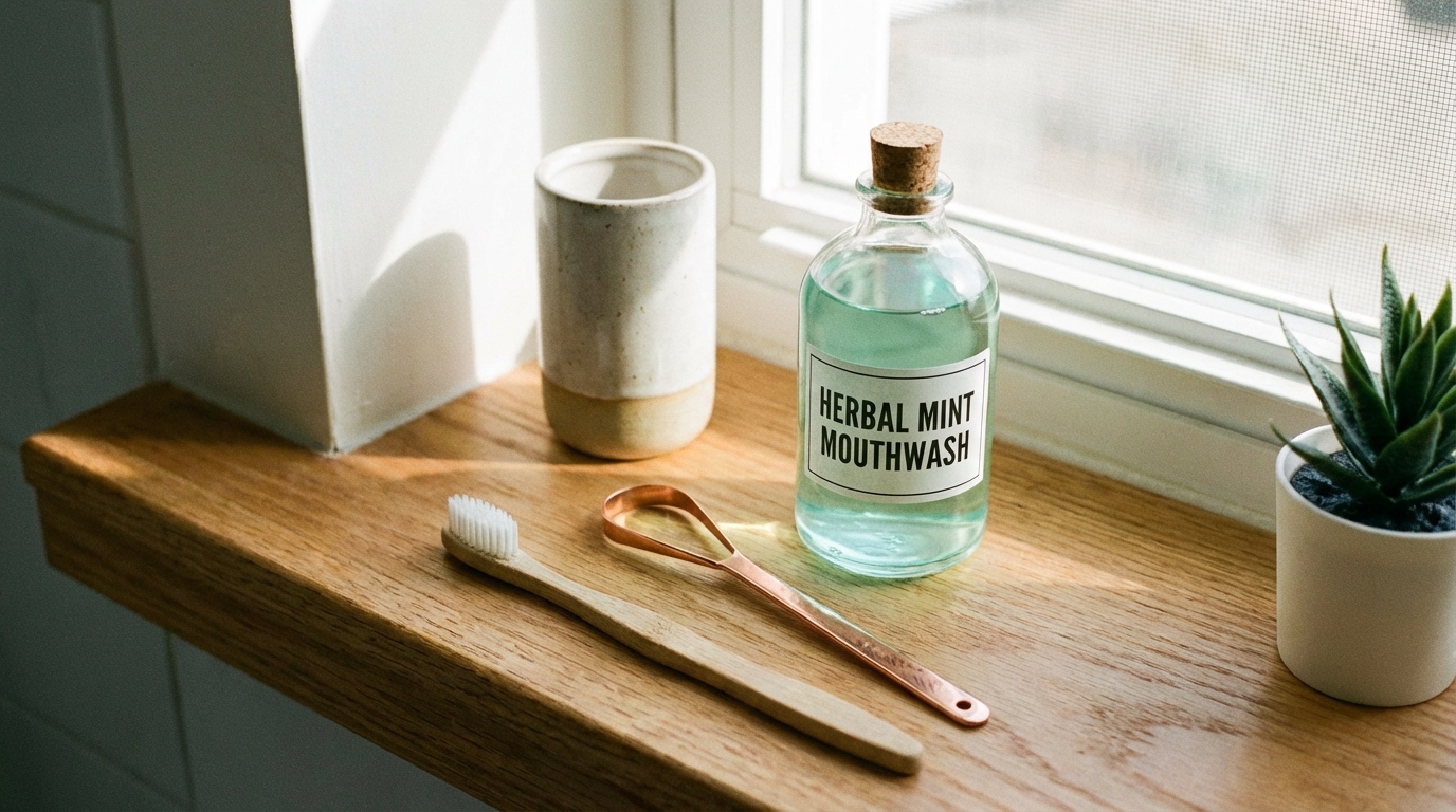 A toothbrush, tongue scraper, and mouthwash bottle arranged neatly