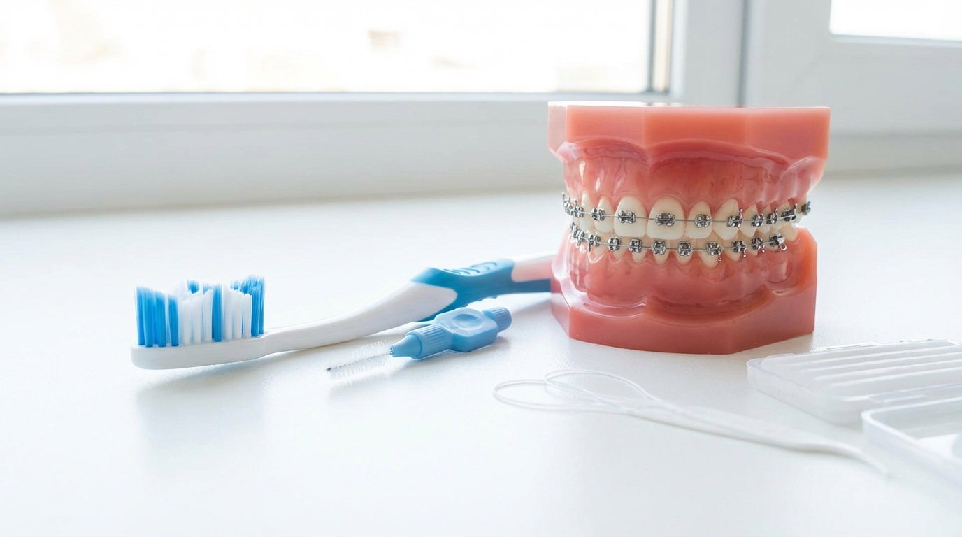 An orthodontic toothbrush and interdental brushes next to a braces model