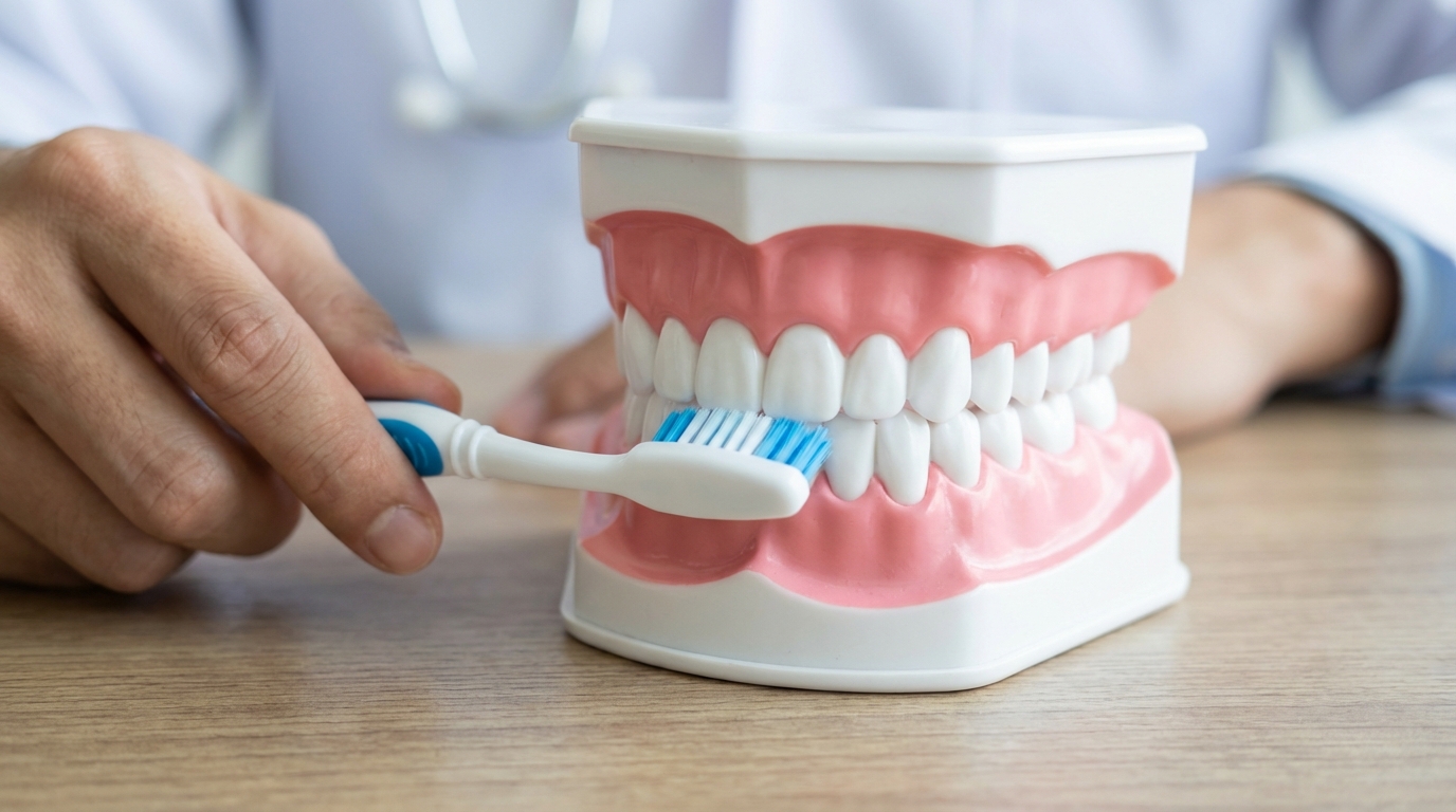 Toothbrush being held to a tooth model