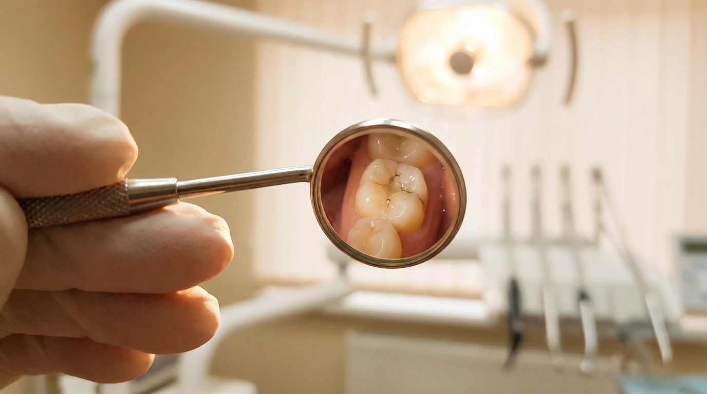 A dental mirror reflecting a close-up view of a molar