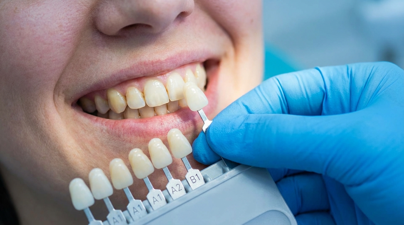A dental shade guide being compared against a patient's natural teeth