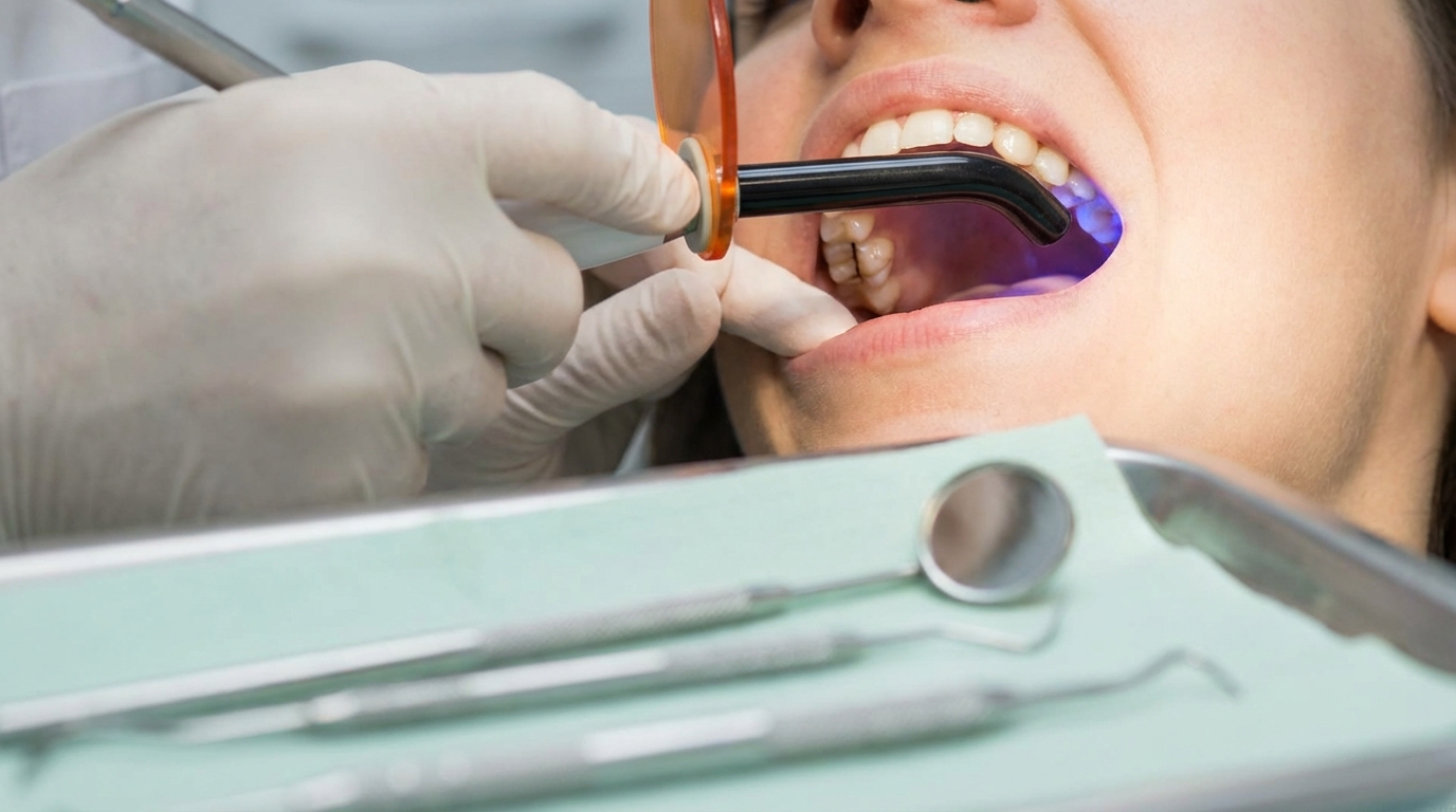 Dentist performing dental bonding to patient.