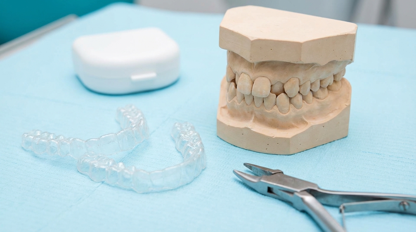 A set of clear aligners next to a dental model with crowded teeth
