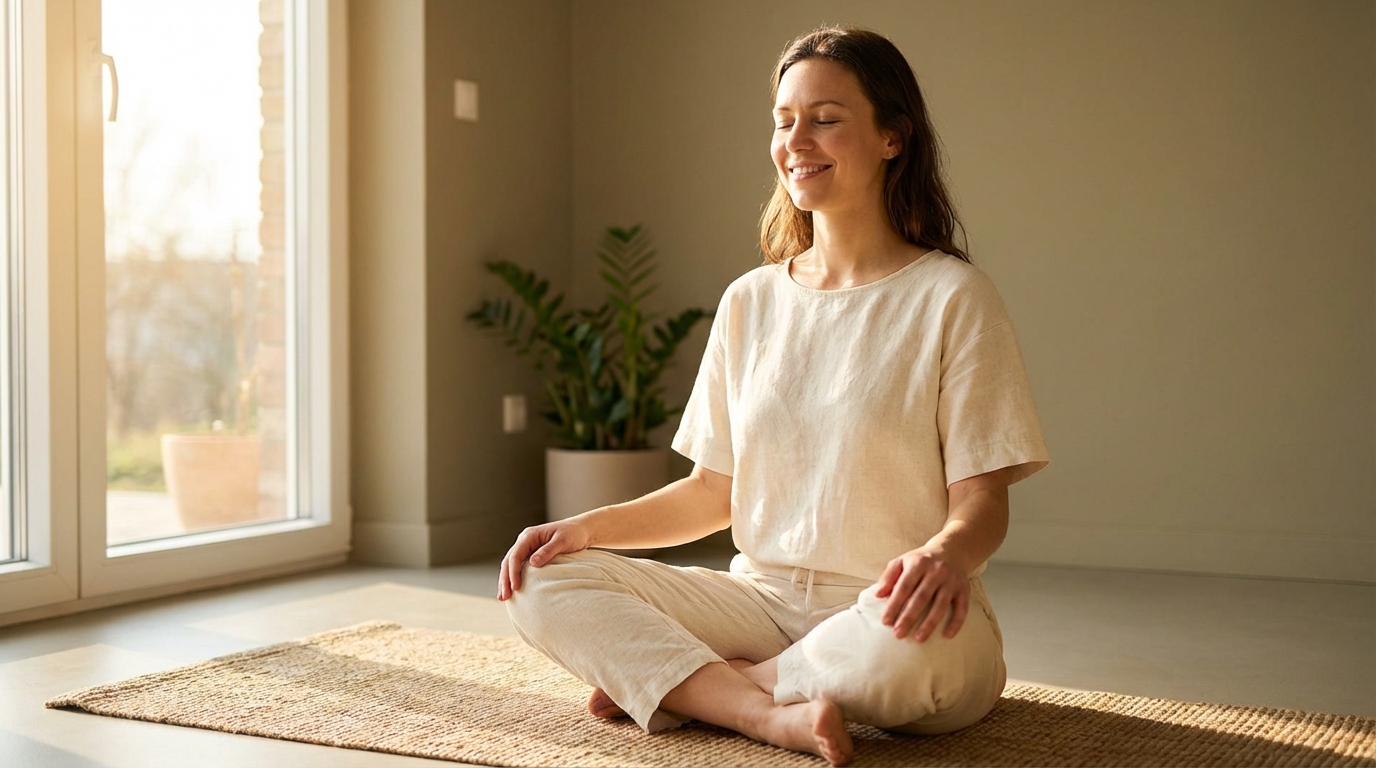 A woman meditating peacefully with a calm smile on her face