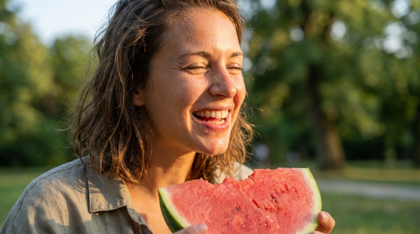 A woman biting into a slice of watermelon on a sunny day