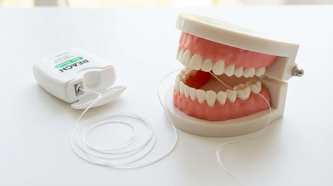 A roll of dental floss with a length pulled out, next to a dental model