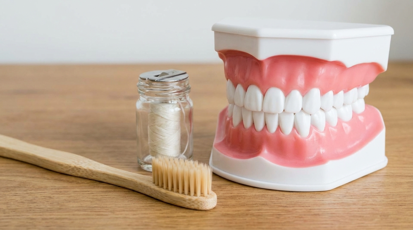 A soft-bristled toothbrush and dental floss next to a healthy smile dental model