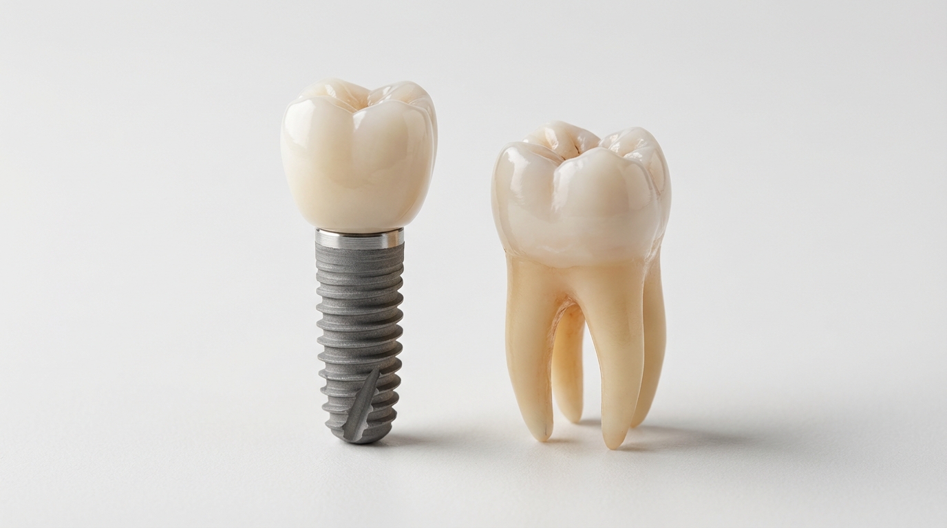 A completed dental implant with crown next to a natural tooth for comparison