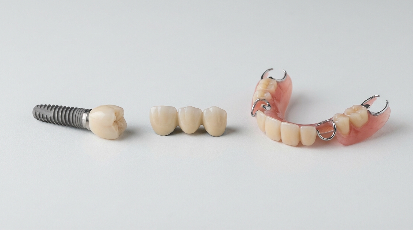 A dental implant, bridge, and partial denture displayed side by side