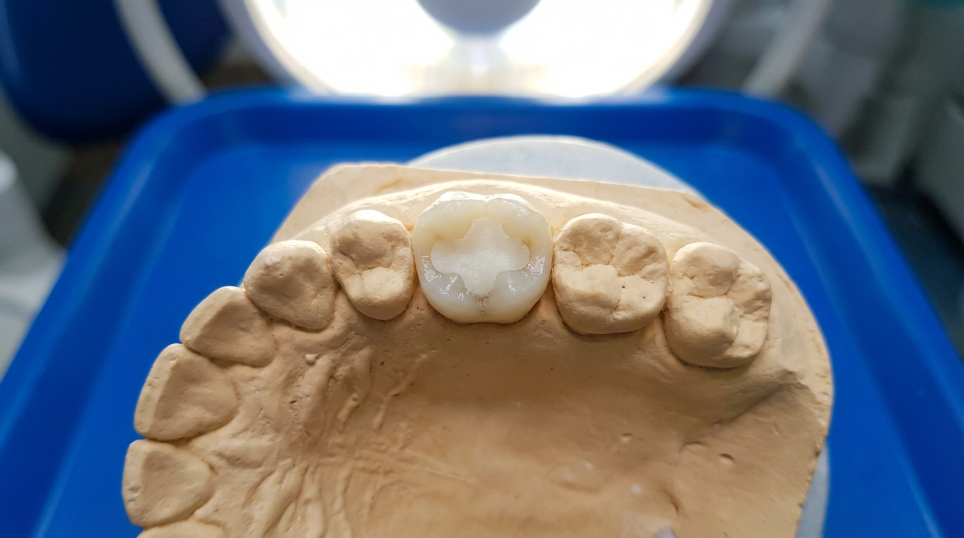 A temporary dental filling on a molar, viewed from above