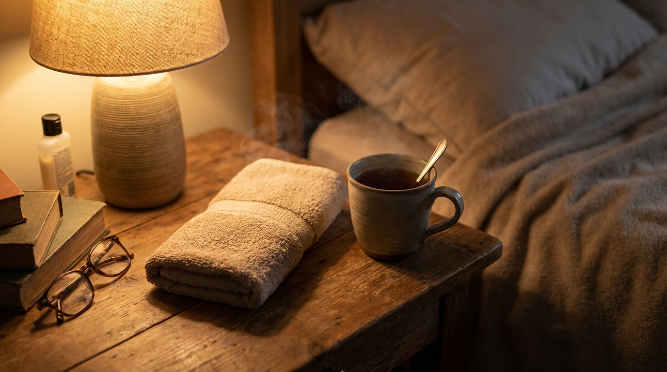 A warm compress and a cup of tea on a bedside table