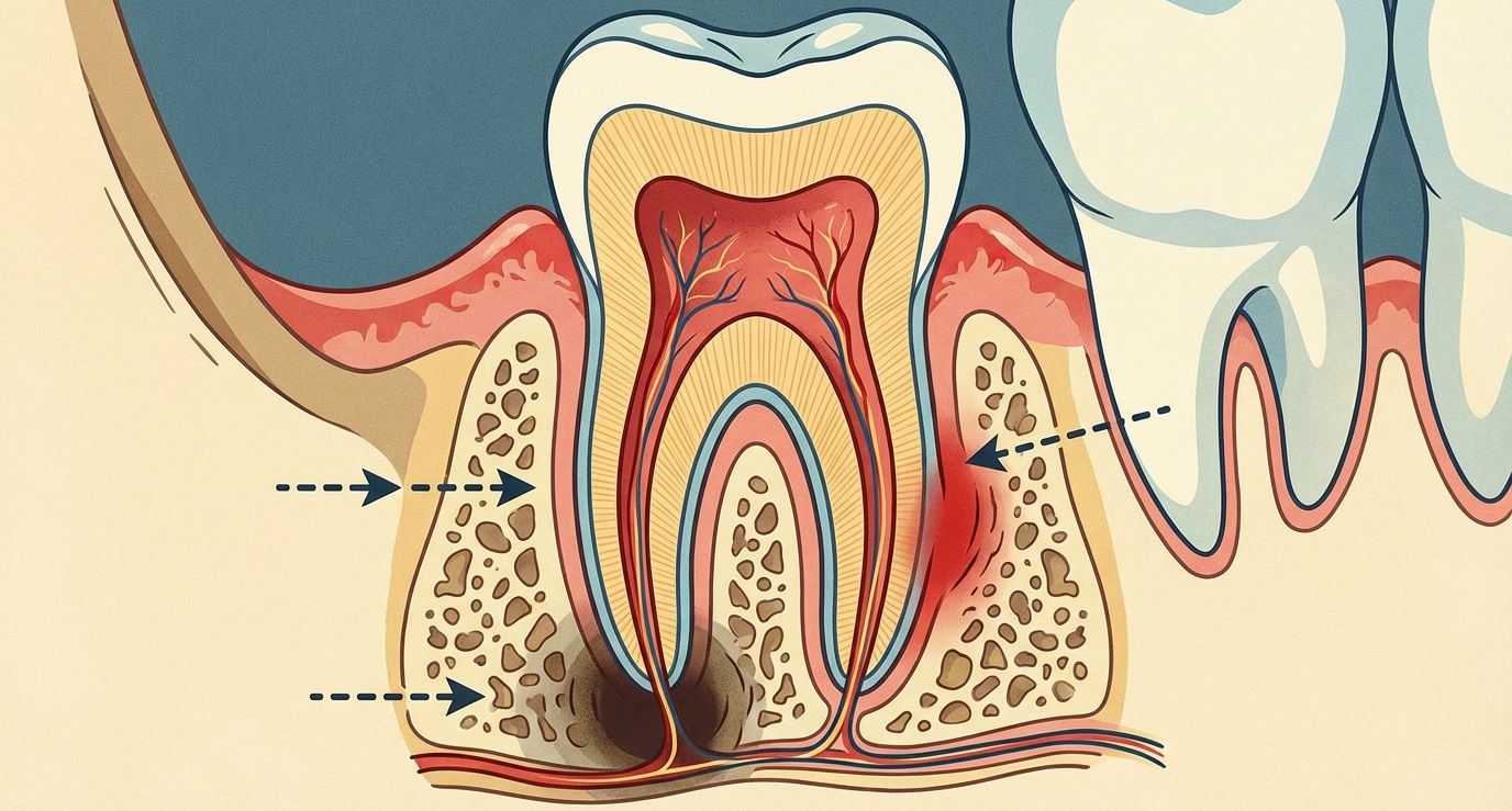 A cross-section diagram of an example of a tooth that needs a root canal