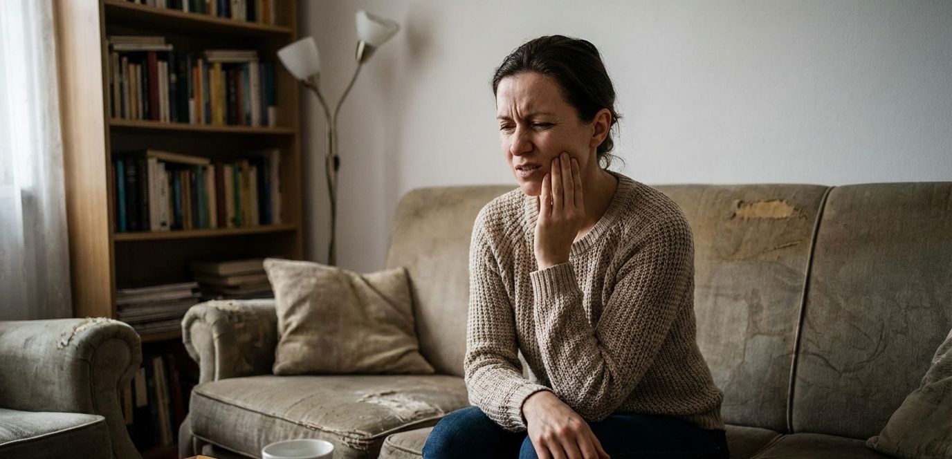 A woman experiencing tooth pain in her living room
