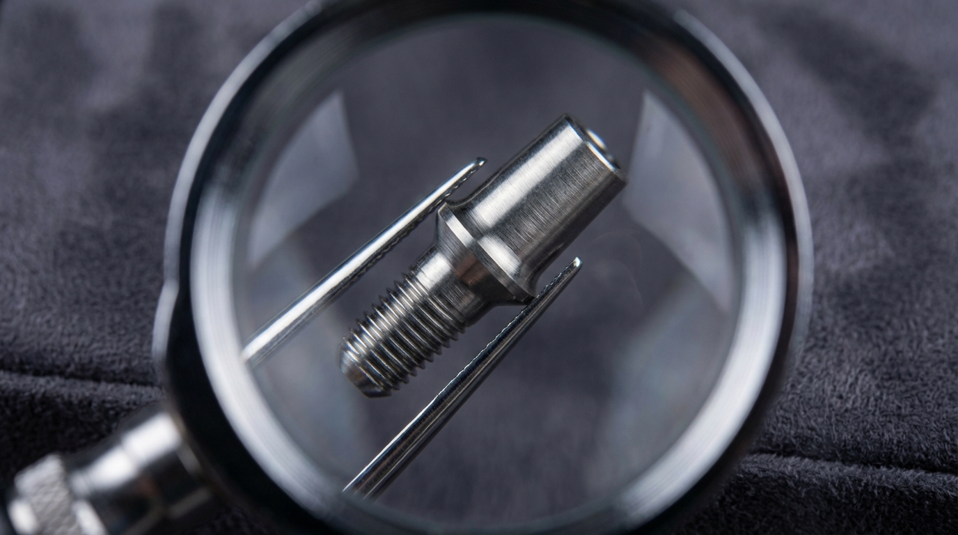 A dental implant component being examined under magnification